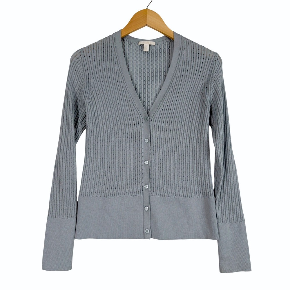 COS Cardigan Women Size S Blue Pointelle Silk Blend V-Neck Button Front